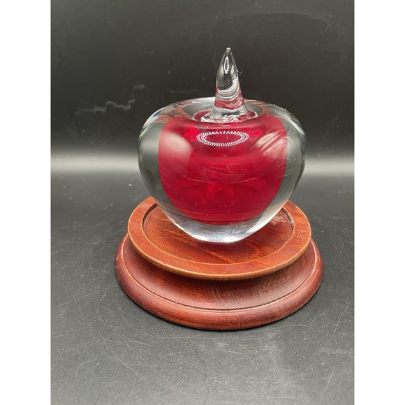 Unmarked Other - Vtg Art Glass Red Apple Fruit Sculpture Hand Blown Paperweight Clear 4"